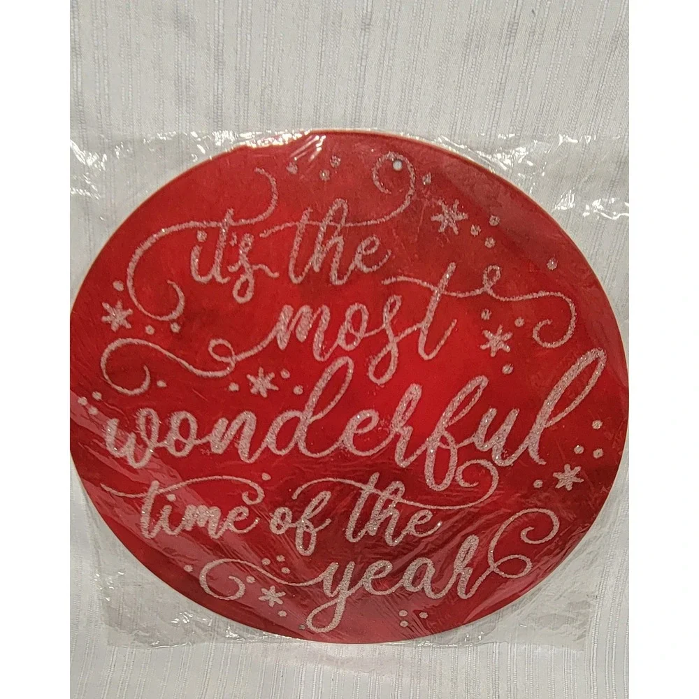 Red Glitter Christmas Wreath Attachment Sign Most Wonderful Time Year MD073824